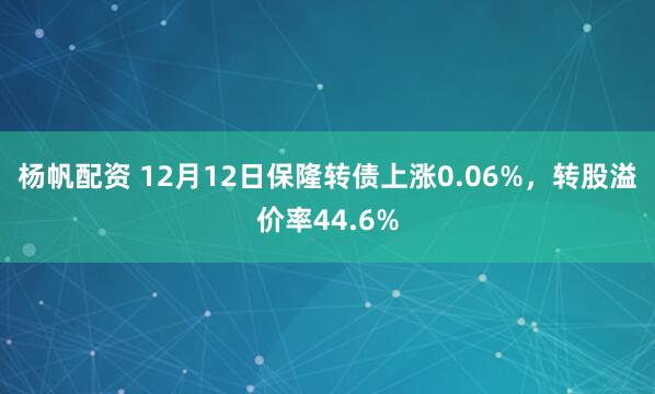 杨帆配资 12月12日保隆转债上涨0.06%，转股溢价率44.6%
